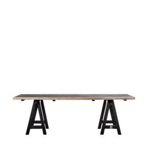 Tavolo assi grezze verniciate nere con bordo naturale e cavalletti 245x80x75h
